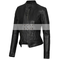 Women's Cafe Racer Motorcycle Leather Jacket, Stand Collar, Front Zipper | Black