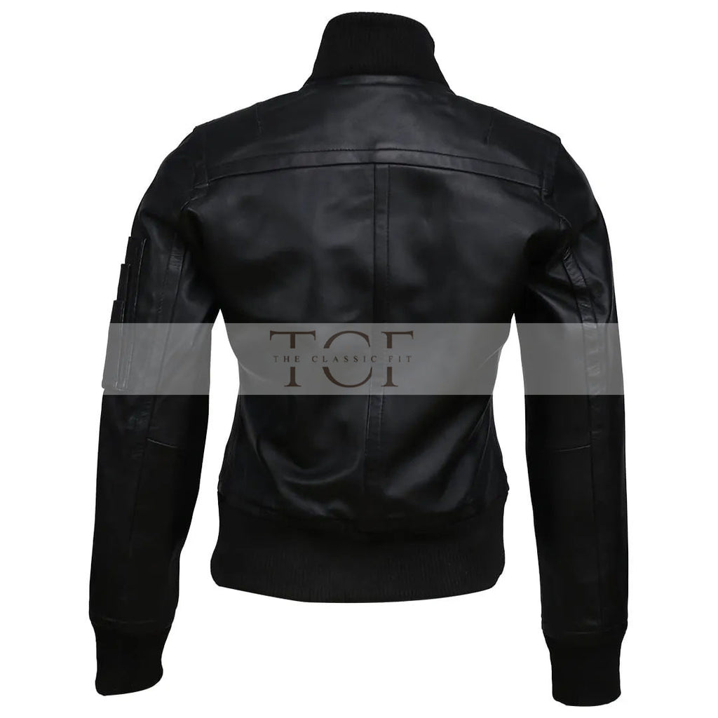 Women's Real Sheep Leather Motorcycle Bomber Jacket | Black