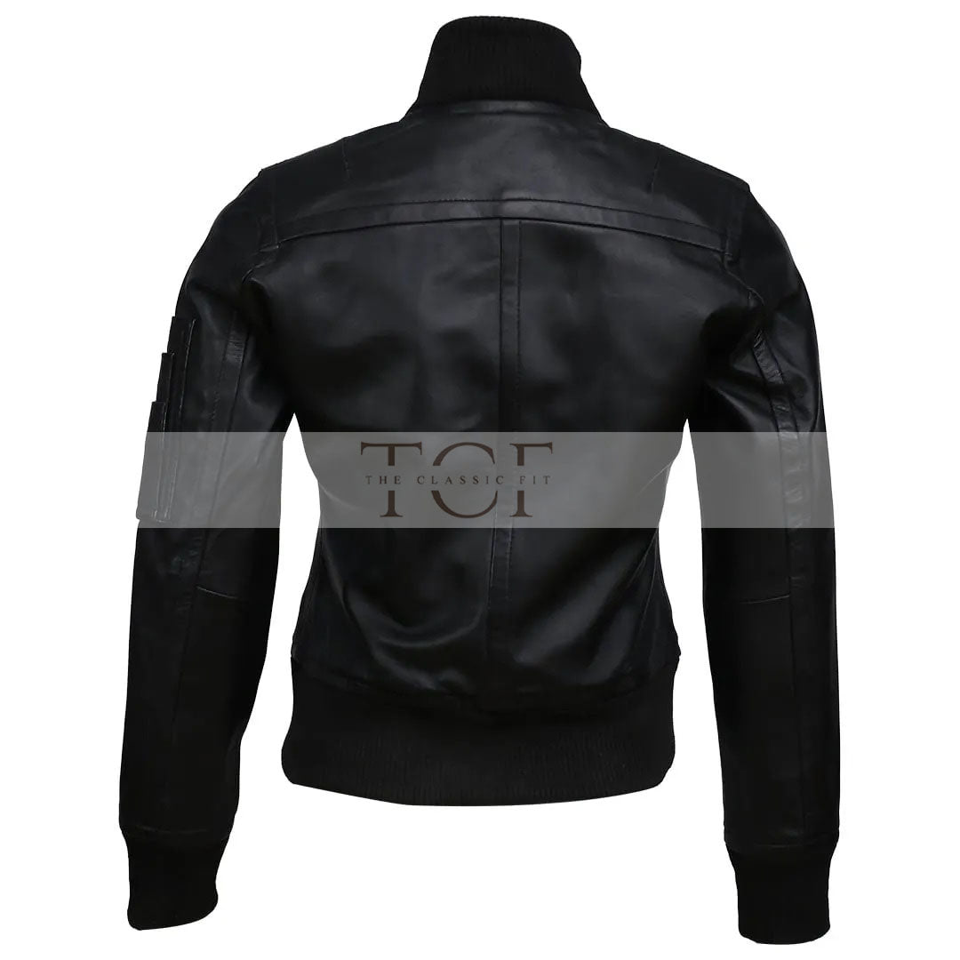 Women's Real Sheep Leather Motorcycle Bomber Jacket | Black