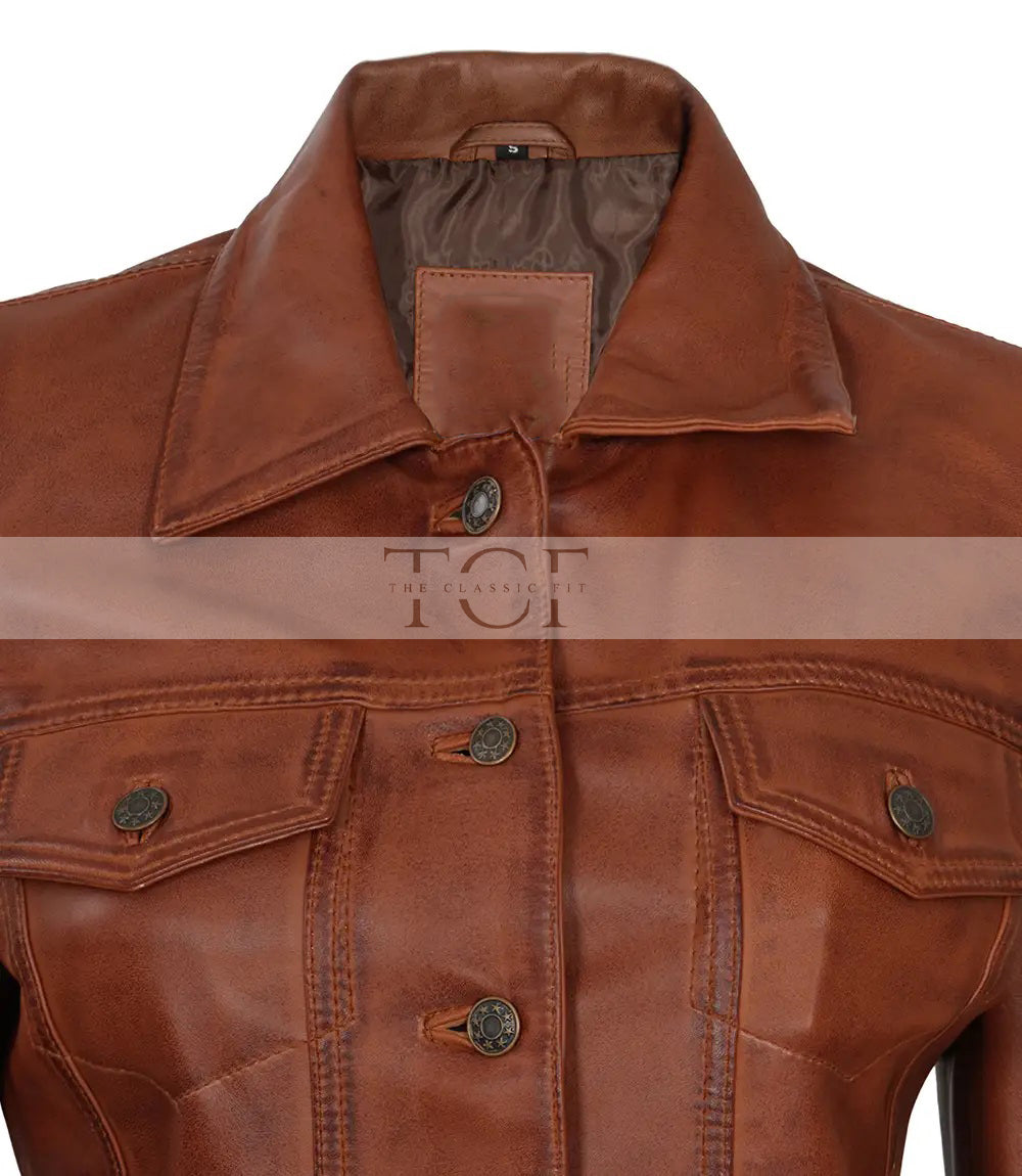 Women's Leather Harrington Moto Trucker Jacket | Brown